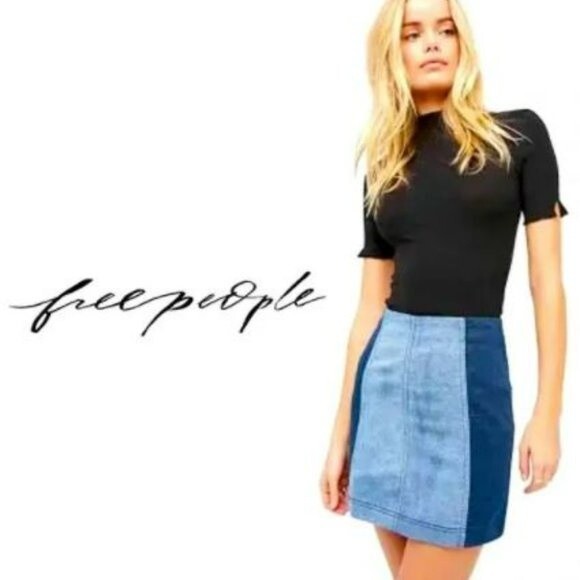 FREE PEOPLE Size 0 Two Toned Modern Femme Stretch Denim Jean Mini Skirt Bohemian - Picture 1 of 12